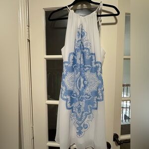 Max Studio Specialty White Mini Dress with Blue Pattern